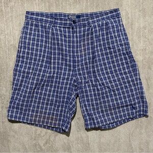 Vintage 90s Polo Ralph Lauren Shorts Mens W36 Blue White Plaid Pleated Preppy